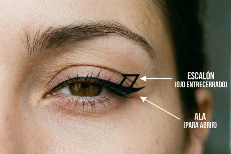 Técnica de eyeliner ala de ángel para ojos caídos con detalle del trazo en forma de escalón.