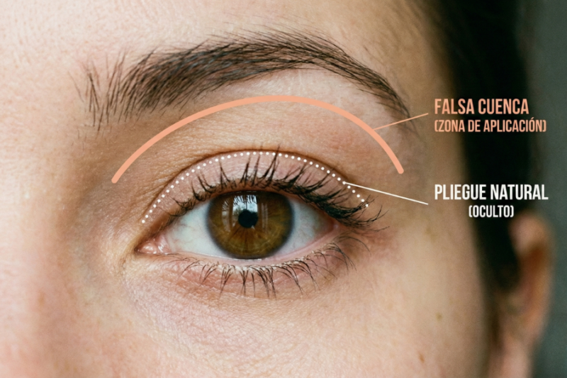 Mapa de maquillaje para párpados encapotados mostrando la zona de aplicación de la falsa cuenca por encima del pliegue.